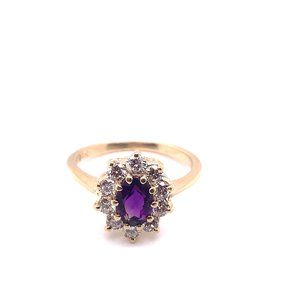 14K Yellow Gold Oval Amethyst and Diamond Ring